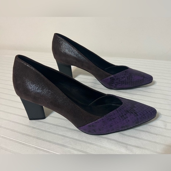 LOGO by Lori Goldstein ColorBlock Purple Brown Heels Leather Upper Sz 8 Like New - Picture 3 of 16